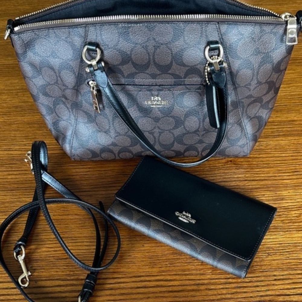 Authentic EUC Coach Brown and Black Signature Shoulder Bag & Wallet Set.
